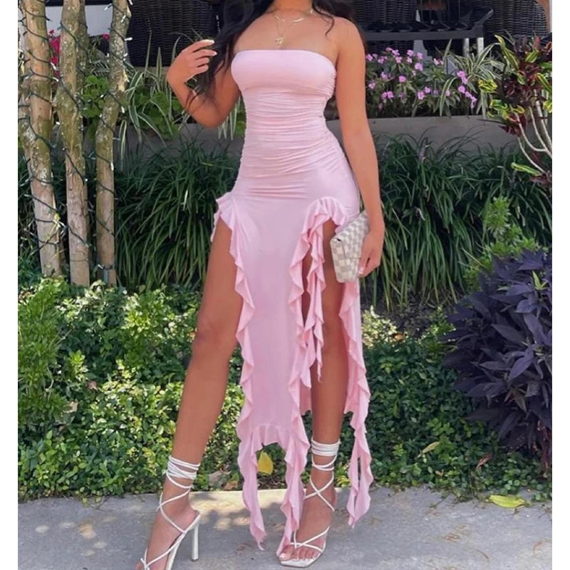 Women Strapless Sexy Floral Fold Hemline High Slit Mini Dress 2025 $ 2026 Solid Backless Sleeveless Black And Pink Party Dress Vestidos