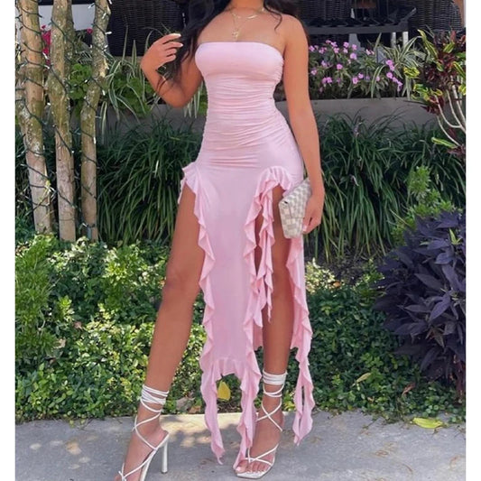Women Strapless Sexy Floral Fold Hemline High Slit Mini Dress 2025 $ 2026 Solid Backless Sleeveless Black And Pink Party Dress Vestidos