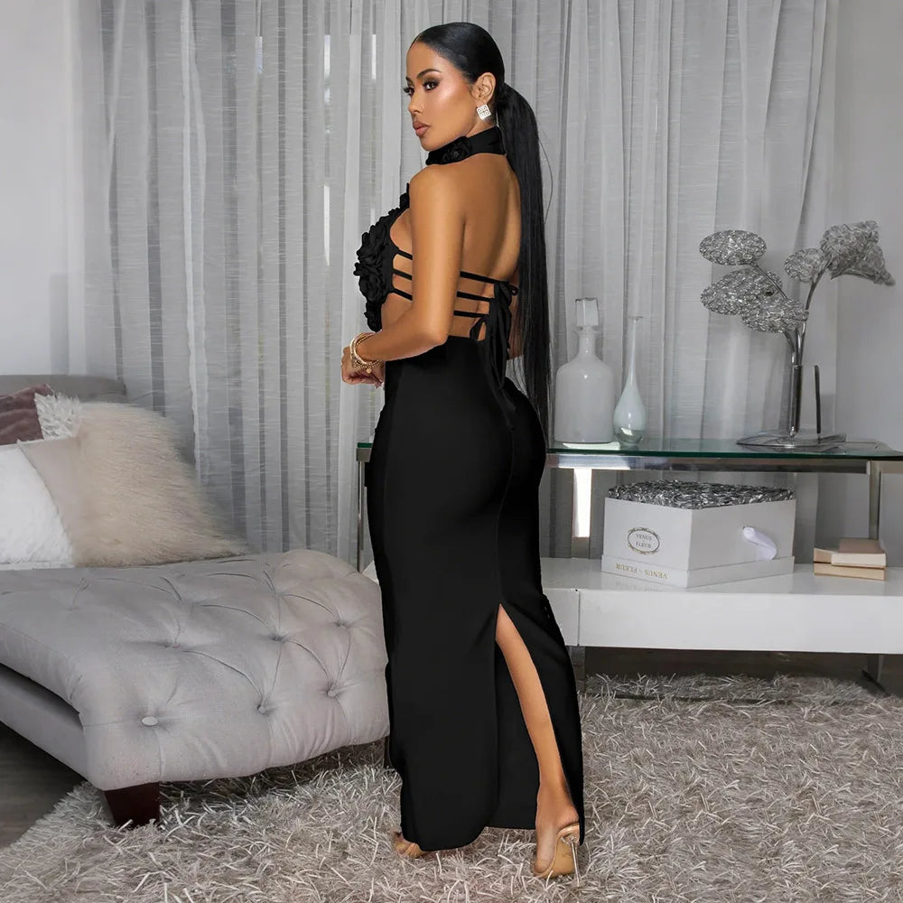 Sister Star Women Dress 2025 Sexy Hottie Solid Color Fresh Hanging Neck Big Flowers Light Luxury Nightclub Party Evening Dresses