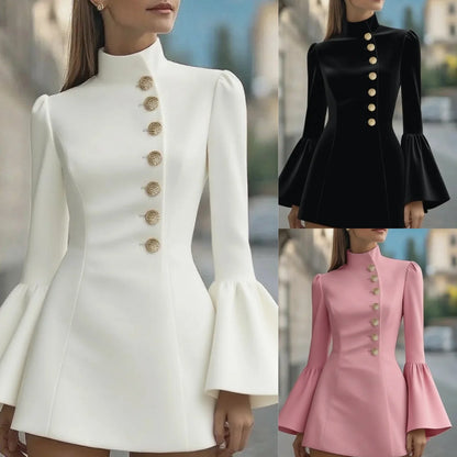 Autumn temperament slim solid colour stand-up collar flared sleeve single-breasted suit dress