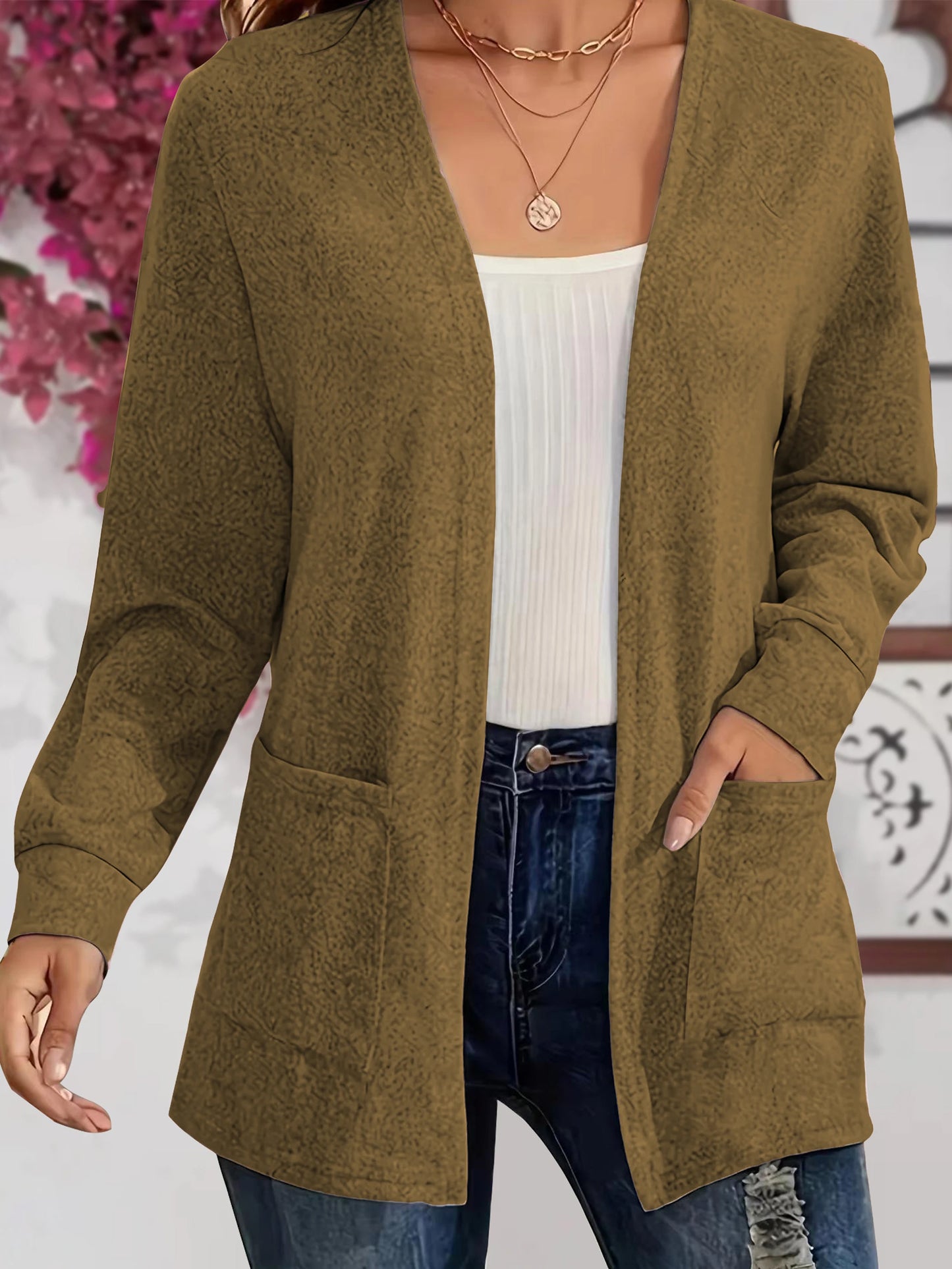 Autumn chic casual solid color pocket thin plus size women's jacket cardigan
