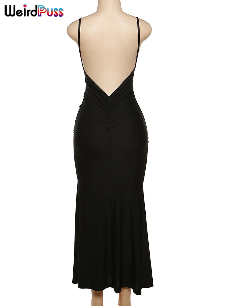 Weird Puss Sexy Backless Women Evening Maxi Dress Folds V-Neck Sleeveless Coquette Elegant Mermaid Matching Banquet Prom Bodycon