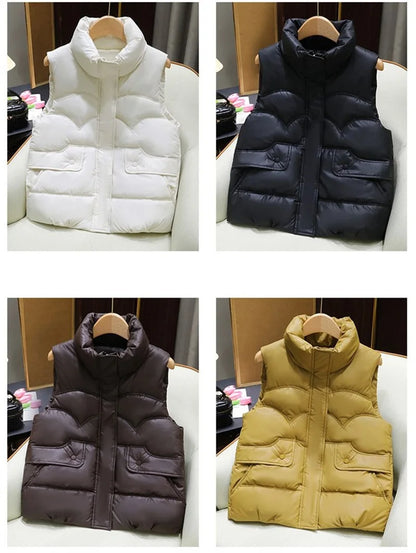 Down Cotton Vest Women 2025 New Autumn Winter Fashion Stand Collar All-Match Warm Sleeveless Waistcoat Jacket Ladies Female Tops