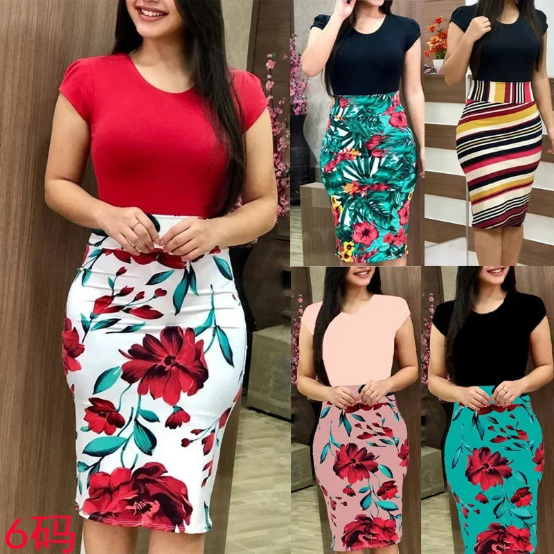 Women's Color Block Bodycon Mini Skirt - Sexy High Waist Floral Print Short Skirt, Tight Clubwear for Party/Night Out