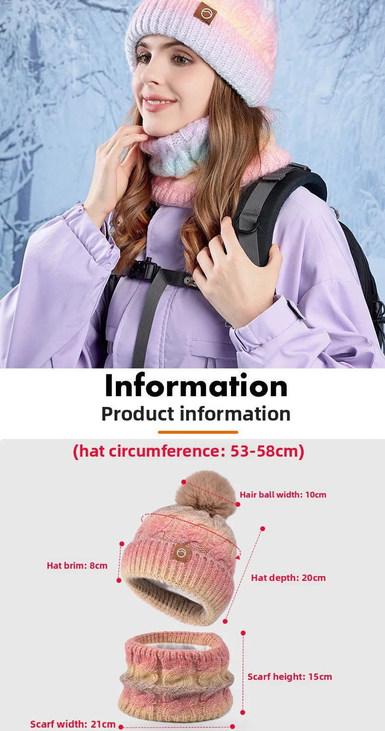 Winter Lady Warm Hat Scarf Two-piece Set Fleece Thickened Gradual Change Color Knitted Skiing Hat Fashion Pullover Hat for Women
