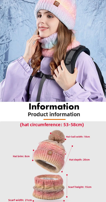 Winter Lady Warm Hat Scarf Two-piece Set Fleece Thickened Gradual Change Color Knitted Skiing Hat Fashion Pullover Hat for Women