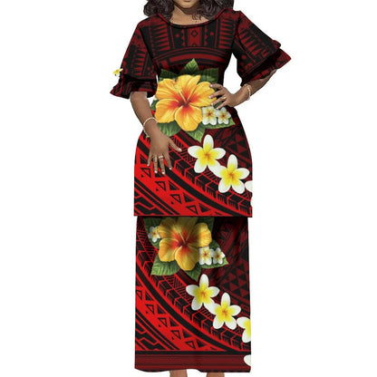 Plus Size Women 2 Piece Outfits Sets Dress New Wholesale Custom Polynesian Tribal Design Petal Sleeve Samoan Puletasi Set