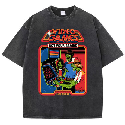 Video Games Rot Your Brains Washed Retro Mens T-Shirt Cotton Loose Tees Cotton Oversize Streetwear Breathable Tshirt Couple