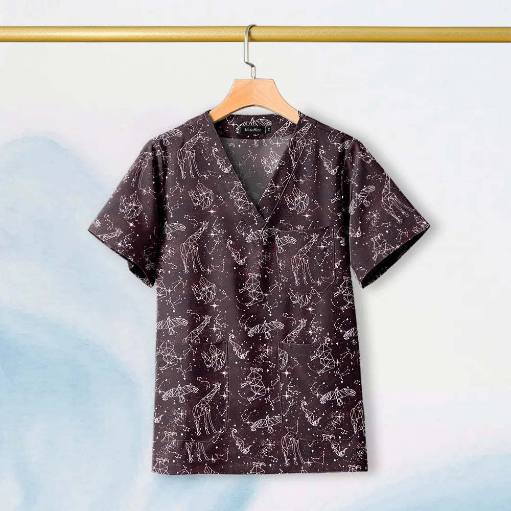 Hot Sales V-Neck Printed Scrub Tops for Women Men Nurse Uniform 100% Cotton Breathable Scrubs Uniforms Medical Blouses Wholesale