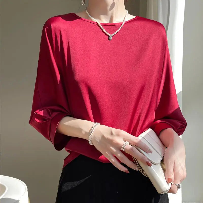 New In Summer Satin Silk Half-Sleeve Tee Tops Basic Solid Women‘s T-Shirt Casual O-neck Thin Shirts Ladies Loose Blouses