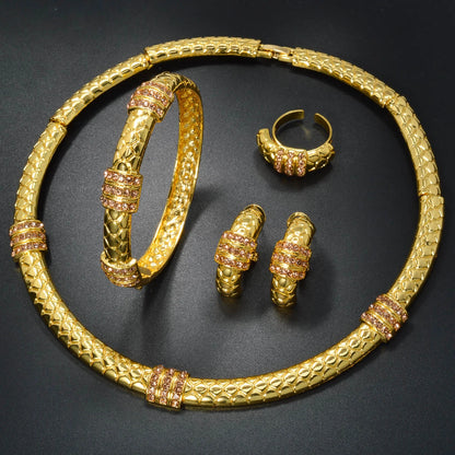Luxury 18k Gold-Plated Women's Jewelry 4-Piece Round Necklace Bracelet Earrings Ring Gold Classic Dubai Wedding Gift