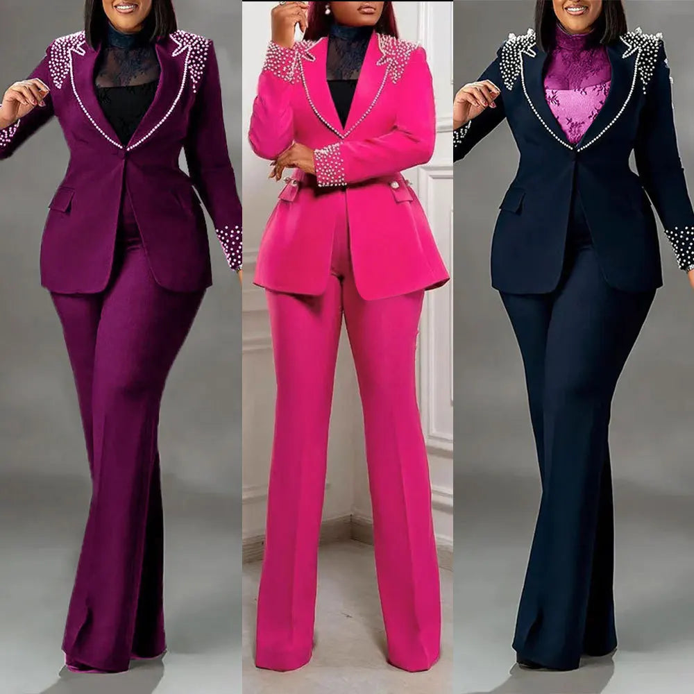 2 Pieces Women's Sets Autumn Winter Long Sleeve Pearl Blazers Suit Tops And Pants Suits Two Piece Set Tracksuit Outfit 2026