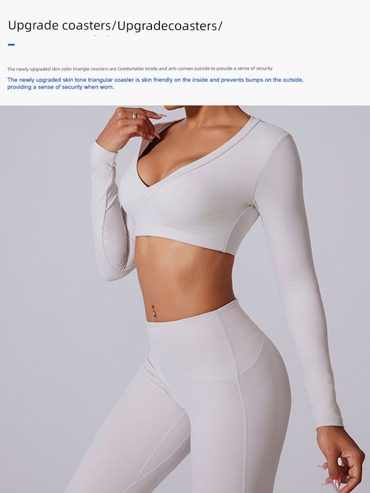 Beauty Back Workout Clothes Women's Long Sleeve Short Sexy V Neck 2026 New Arrival Fancy Yoga Clothing Top T-shirt with Chest Pad