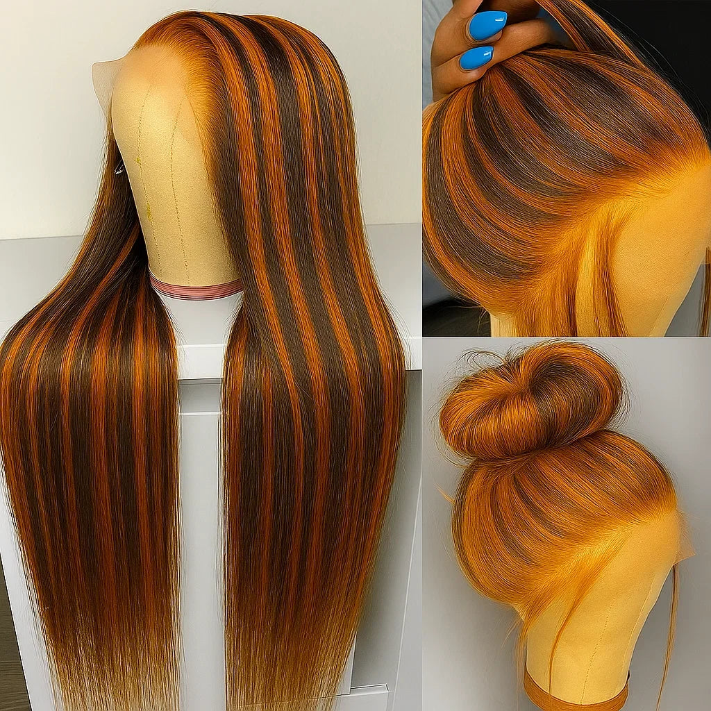 #4/350  Color Brown Mix Ginger Highlight Lace Closure Wig 5x5 Bone Straight Wear Go Glueless Wigs Human Hair Brazilain
