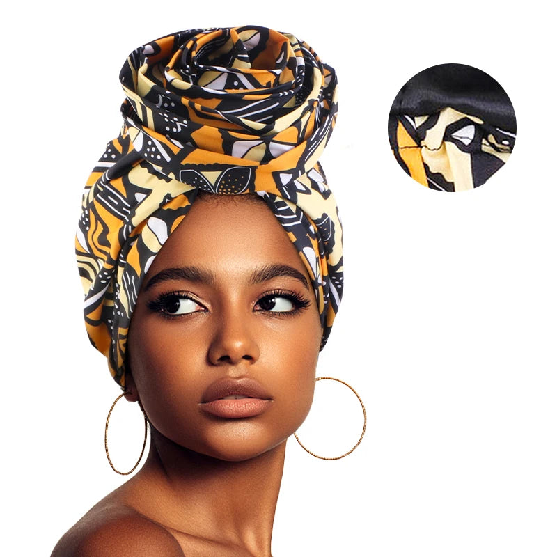 Woman African Satin Lined Turban Cap Big Flower Hat Floral Printed Headwrap Bonnet Muslim Headscarf Ladies Beanies
