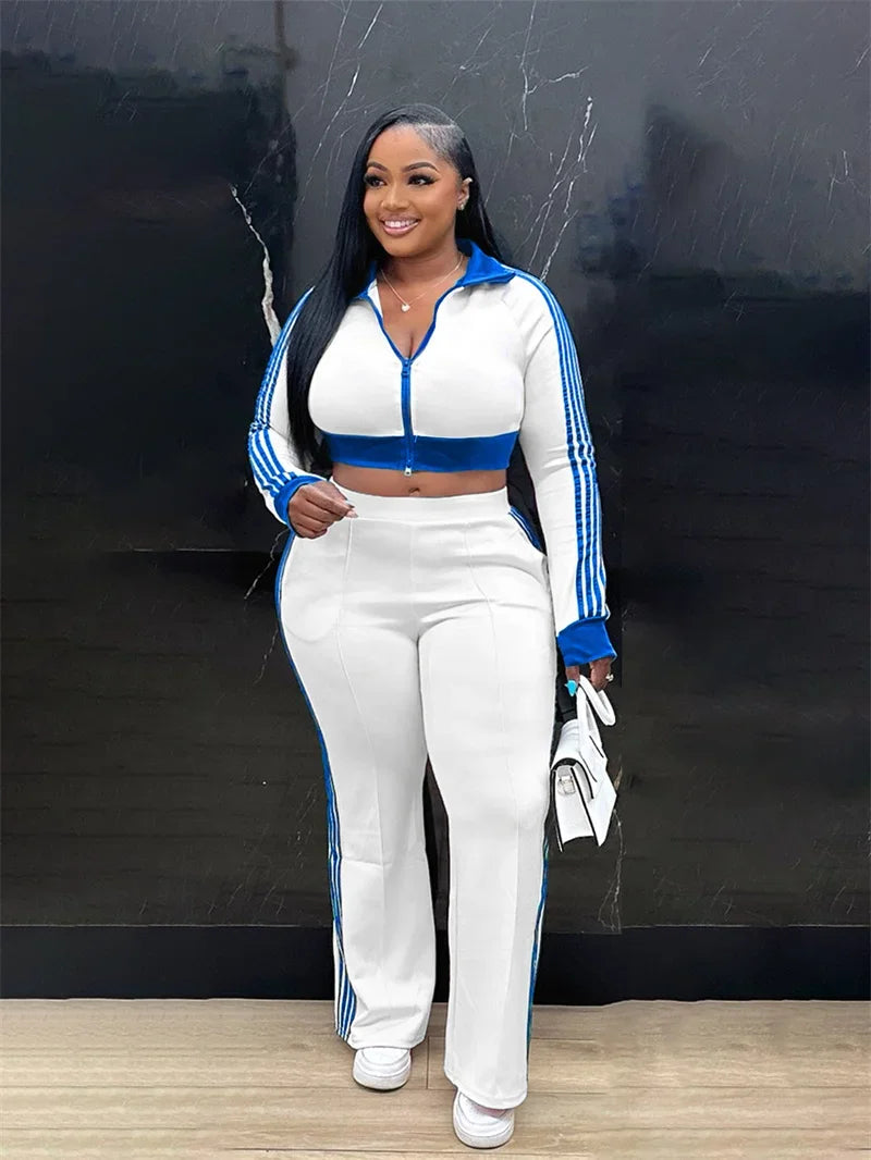 Doyerl Sporty Casual Tracksuit Women Two Piece Sets Striped Long Sleeve Zipper Cropped Jacket Top and Sweatpants Jogging Femme