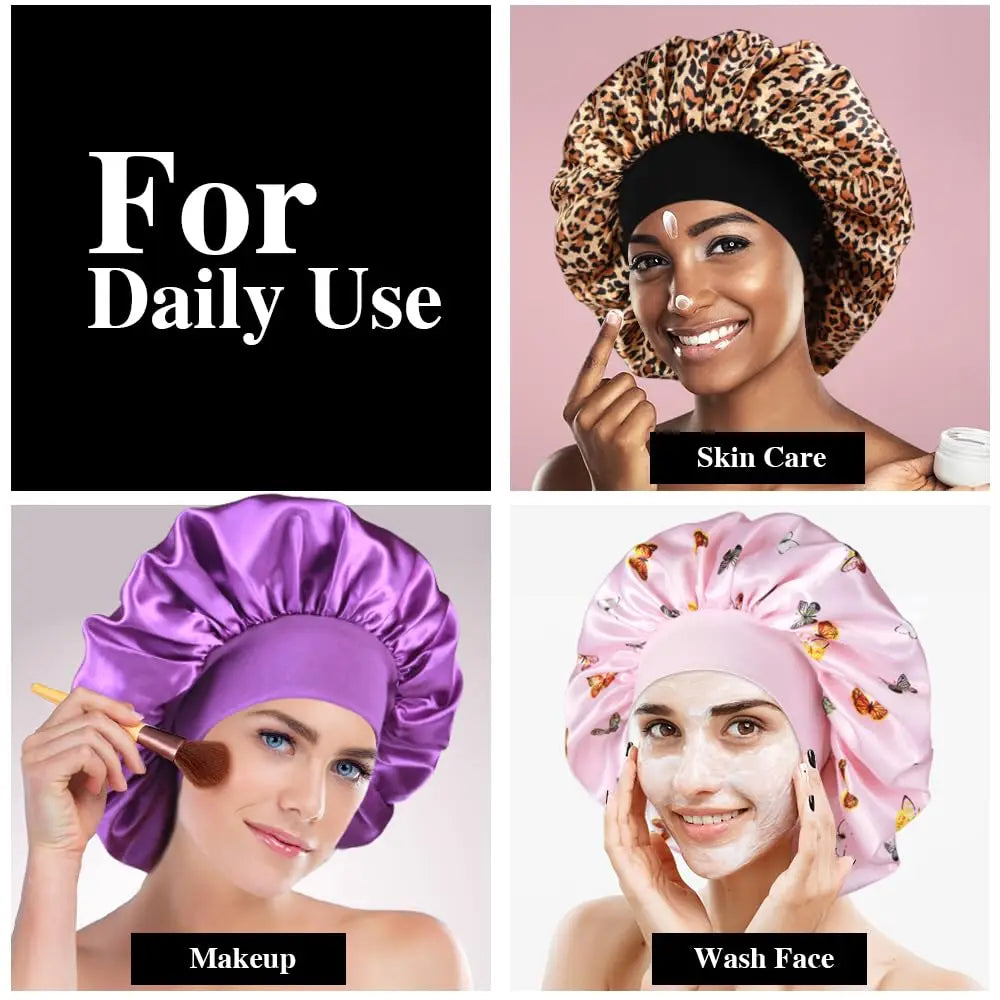 2pcs Women's Fashion Bonnet Large Wide Edge Elastic Hat Casual Silk Smooth Tint Suitable for Curled Straight Hair Sleeping Hat