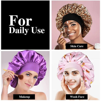 2pcs Women's Fashion Bonnet Large Wide Edge Elastic Hat Casual Silk Smooth Tint Suitable for Curled Straight Hair Sleeping Hat