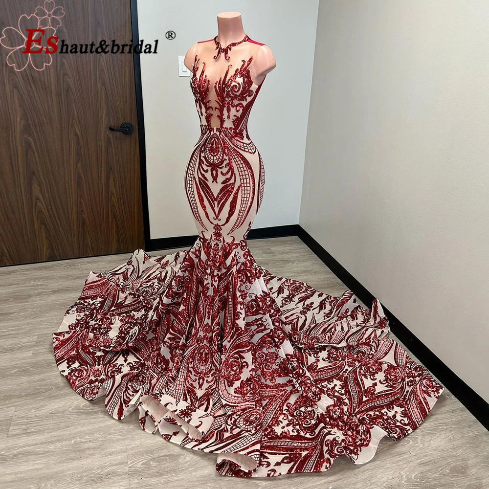Elegant Mermaid Sequin Prom Party Dresses for Women 2025 O-neck Sleeveless African Long Formal Wedding Evening Gowns Customized
