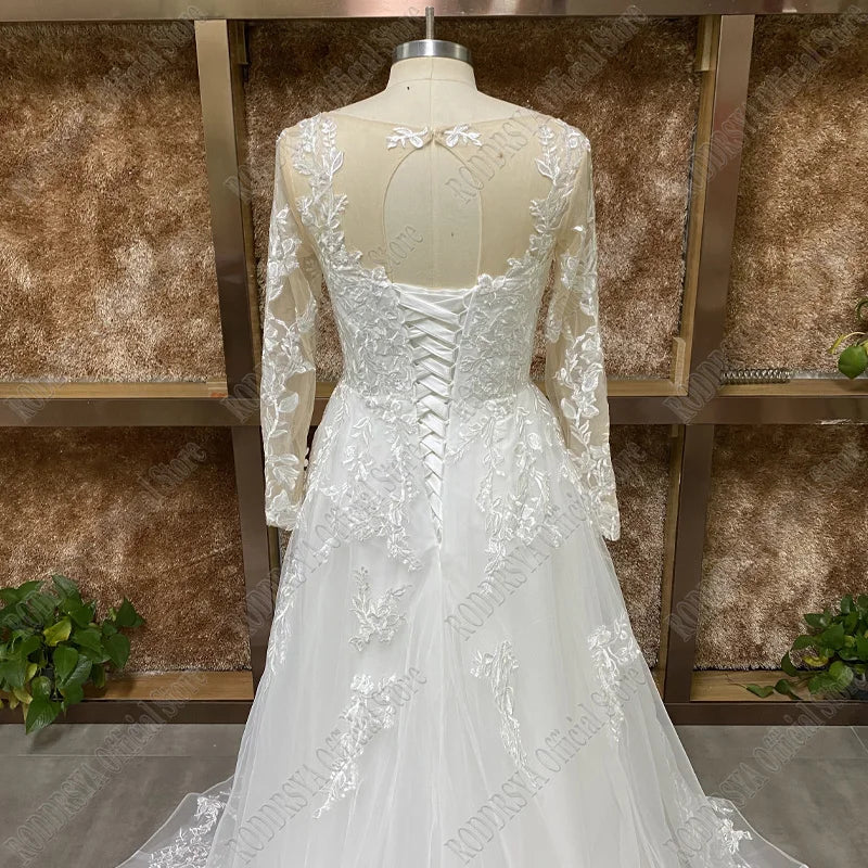 RODDRSYA Elegant O-Neck Wedding Dress Lace Up A-Line Applique Tulle Long Sleeves Beach Bride Gowns vestidos de novia Customized