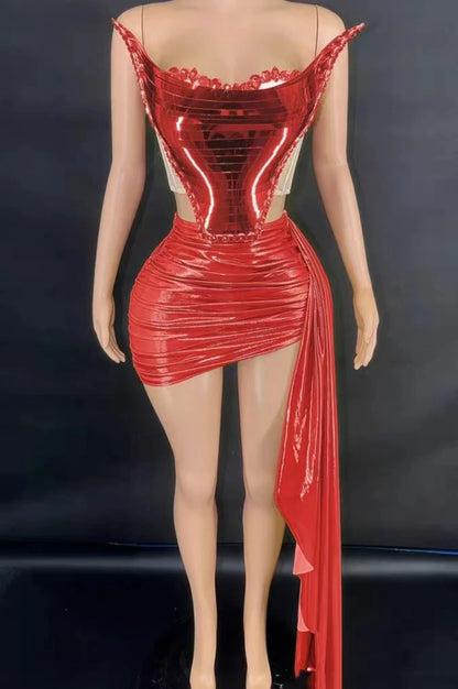 Sparkly Red Sequins Evening Dress Women Adult SexyTwo-piece Off-shoulder Party DressesNightclub Bar Stage Performance Y004