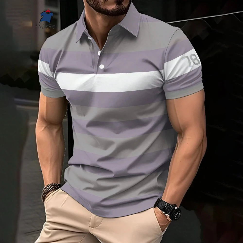 New Summer Striped Patchwork Striped Men's Polo T-shirt Fashion Lapel Button Sports Trend Street Wear Short Sleeve Top Men Shirt