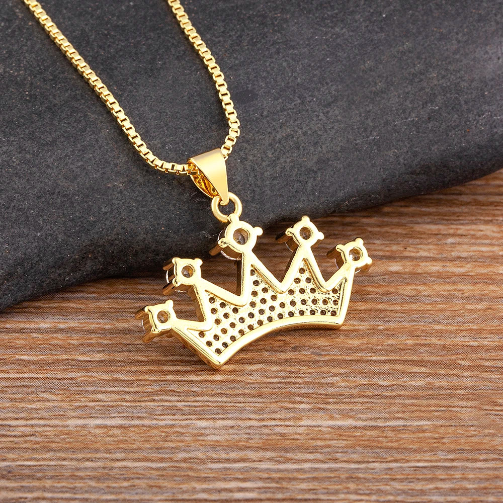 Nidin New Fashion Crown Shape Pendant Collar Gold Color Chain Choker Shiny Zircon Necklace for Women Man Jewelry Party Gifts