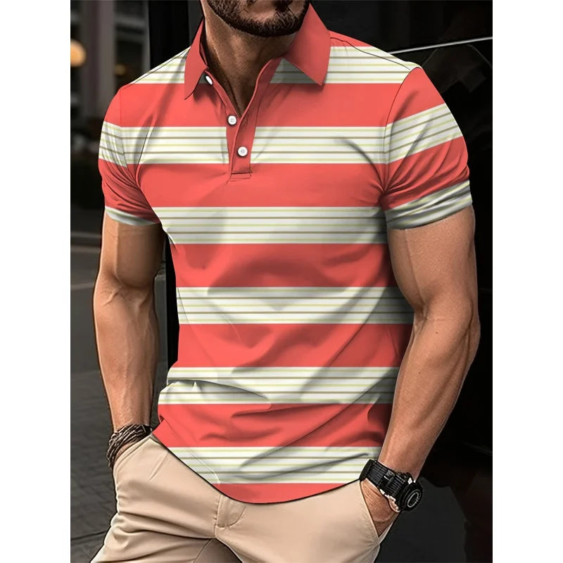 3D Print Stripes Color Block Polo Shirt For Men Colorful Pattern T-Shirts Summer Loose Street Lapel Top Button Short Sleeve Tees
