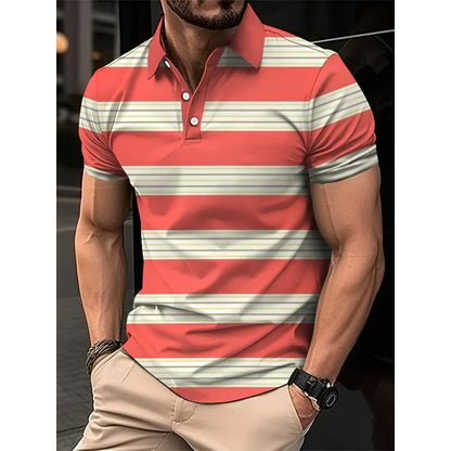 3D Print Stripes Color Block Polo Shirt For Men Colorful Pattern T-Shirts Summer Loose Street Lapel Top Button Short Sleeve Tees
