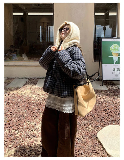 MEXZT Short Plaid Parkas Women Streetwear Stand Collar Puffer Jacket Winter Korean Down Coats Fashion Cotton Padded Outerwears