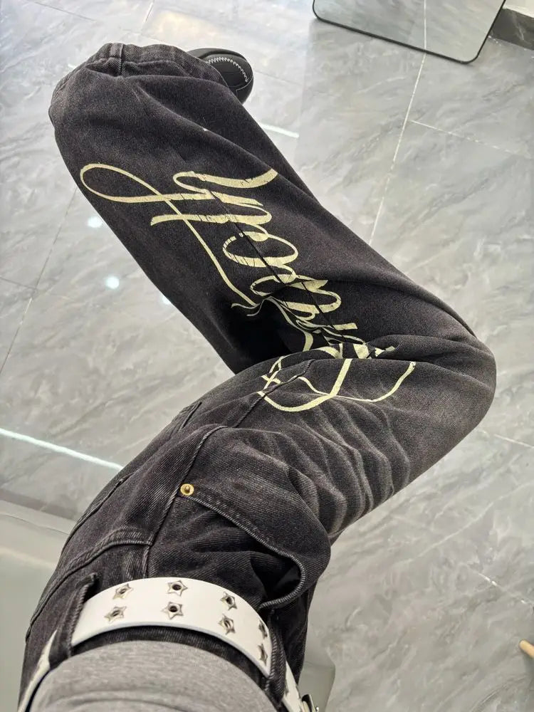 American New Fashion Oversized Letter Printing Black Washed Jeans Ladies Y2K Popular Casual Joker Loose Wide-leg Mop Pants