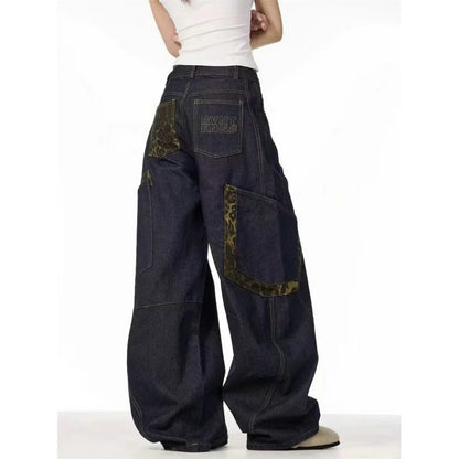 Retro Leopard Handle Joint Quge Denim New Design Sense Straight Wide Pants
