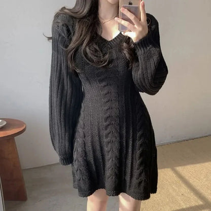 Korean Chic Autumn Gentle V-neck Linen Pattern Design Slimming Long Sleeve A- line Knitted Dress High Collar Ankle-length Dress