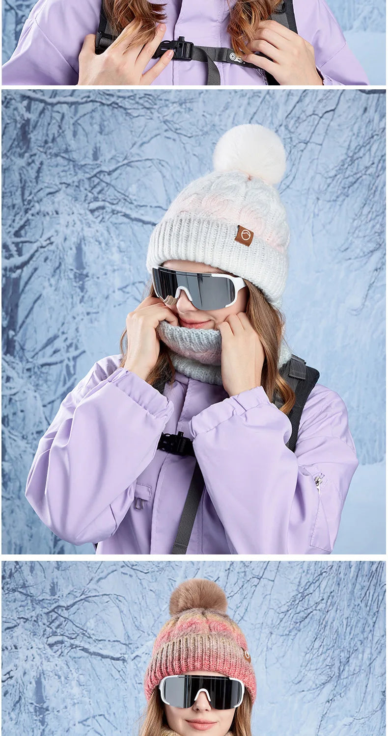 Winter Lady Warm Hat Scarf Two-piece Set Fleece Thickened Gradual Change Color Knitted Skiing Hat Fashion Pullover Hat for Women