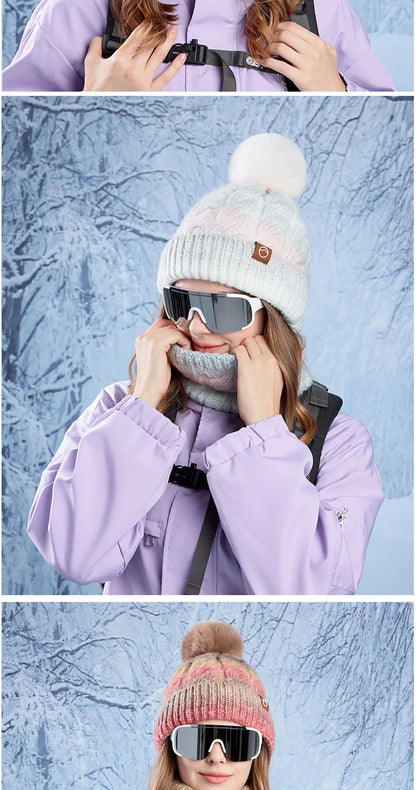 Winter Lady Warm Hat Scarf Two-piece Set Fleece Thickened Gradual Change Color Knitted Skiing Hat Fashion Pullover Hat for Women