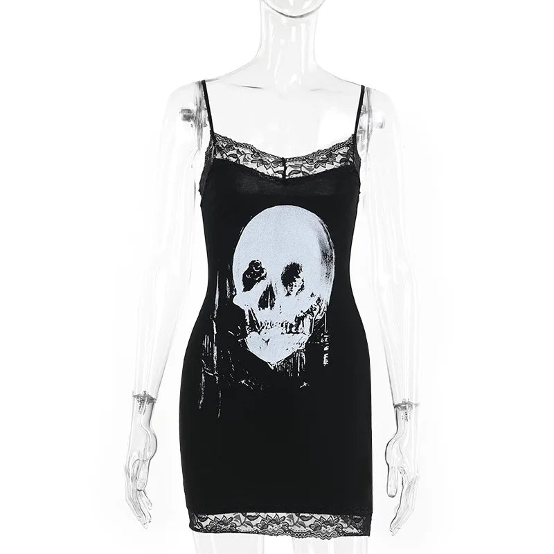Goth Dark Streetwear Anime Skull Print Straps Mini Dress Fairy Lace Stitch Club Outfits Slim Sexy Bodycon Dresses Mall Gothic