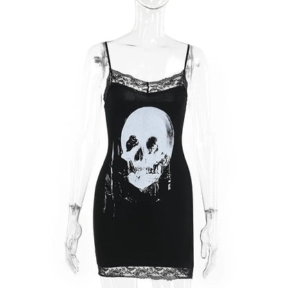 Goth Dark Streetwear Anime Skull Print Straps Mini Dress Fairy Lace Stitch Club Outfits Slim Sexy Bodycon Dresses Mall Gothic