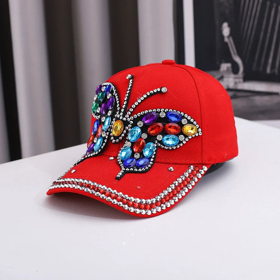Fashionable And Versatile Outdoor Casual Baseball Cap With Colorful Diamond Inlay, Trendy Butterfly, Middle-Aged Duckbill Cap