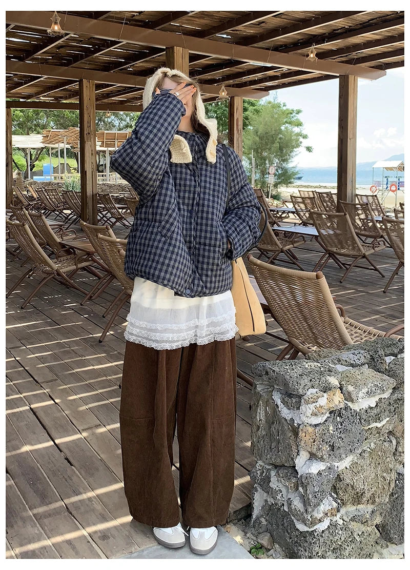 MEXZT Short Plaid Parkas Women Streetwear Stand Collar Puffer Jacket Winter Korean Down Coats Fashion Cotton Padded Outerwears