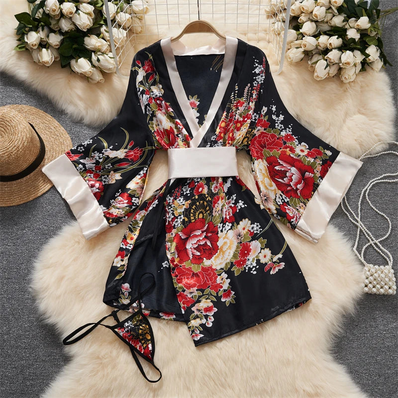 Japanese Kimono V-neck Printed Flower Bow Waist Shaping Cardigan Dress Women Clothing Loose Long Sleeve Vintage Sexy Lace-up New