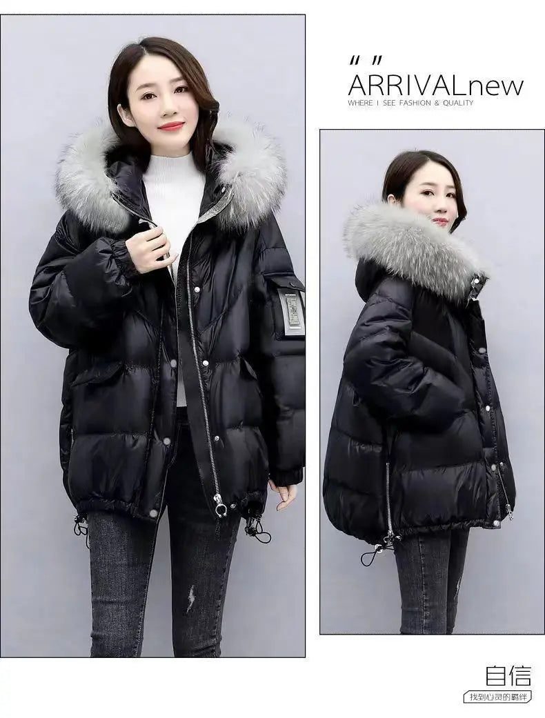 2025 Winter New Warm Down Cotton Jacket With Large Fur collar Hooded Coat Loose Women Thicken Parker Puffer Overcoat Casual wear