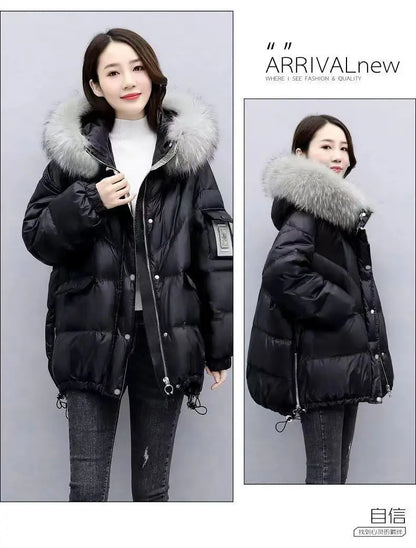 2025 Winter New Warm Down Cotton Jacket With Large Fur collar Hooded Coat Loose Women Thicken Parker Puffer Overcoat Casual wear