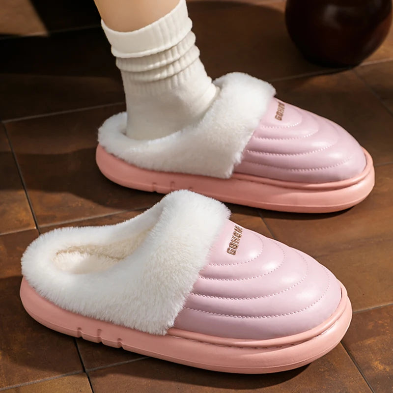 Plus Size 48-49 Waterproof Women's Home Slippers Flat Heel Non Slip Cotton Slippers Woman Faux Fur Warm Living Room Shoes Female
