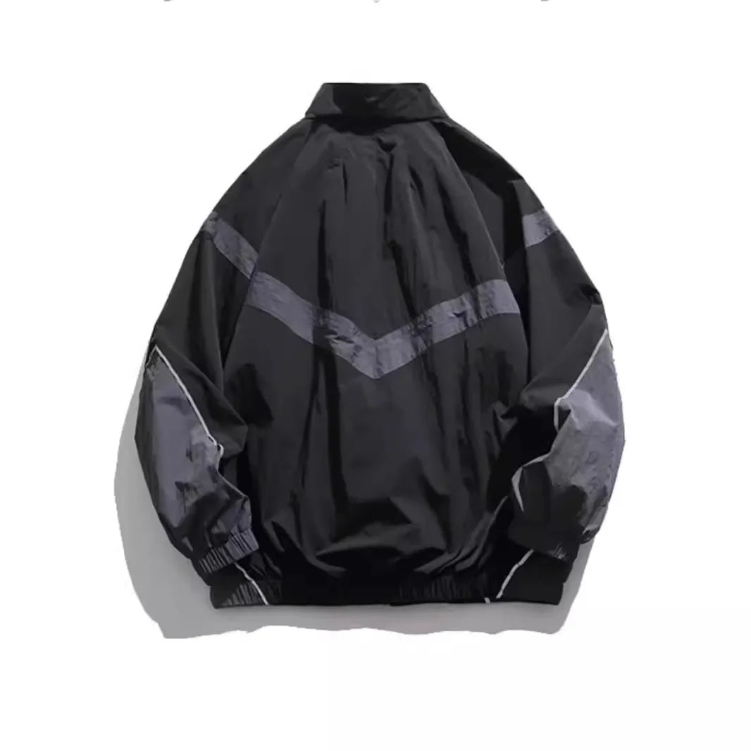 Trendy American Style Zippered Hooded Jacket Men's Loose Fit Casual Autumn Fashion Thin Jacket Reflective Patchwork Stand Collar