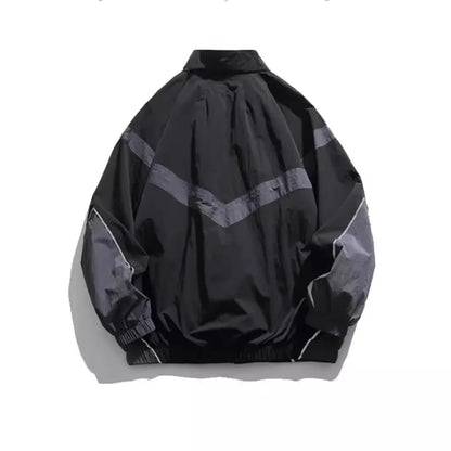 Trendy American Style Zippered Hooded Jacket Men's Loose Fit Casual Autumn Fashion Thin Jacket Reflective Patchwork Stand Collar