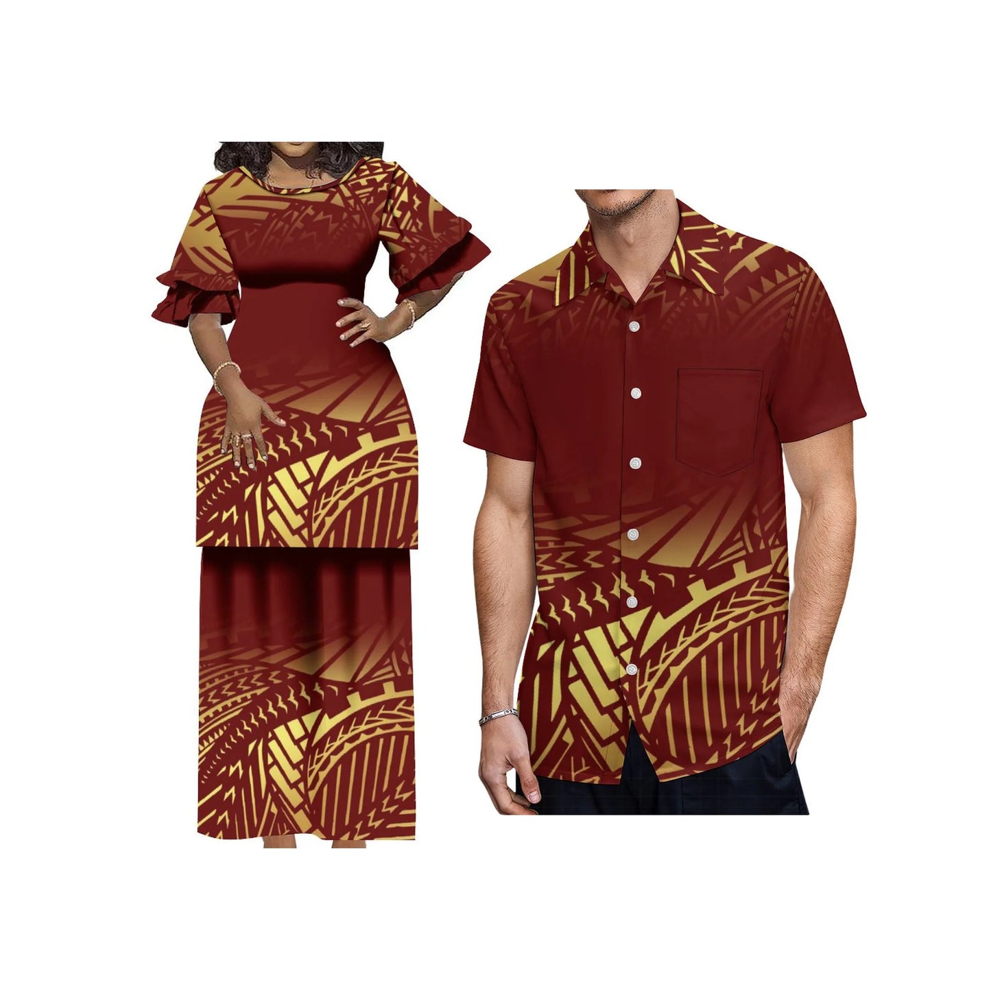 Plus Size Women 2 Piece Outfits Sets Dress New Wholesale Custom Polynesian Tribal Design Petal Sleeve Samoan Puletasi Set