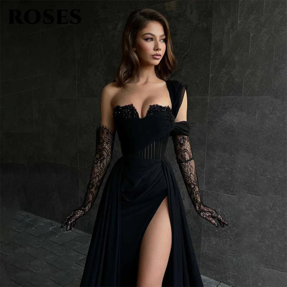 ROSES Red Side High Split Mermaid Evening Dresses One Shoulder Prom Dresses Sweetheart Stain Formal Occasion Dress Customized