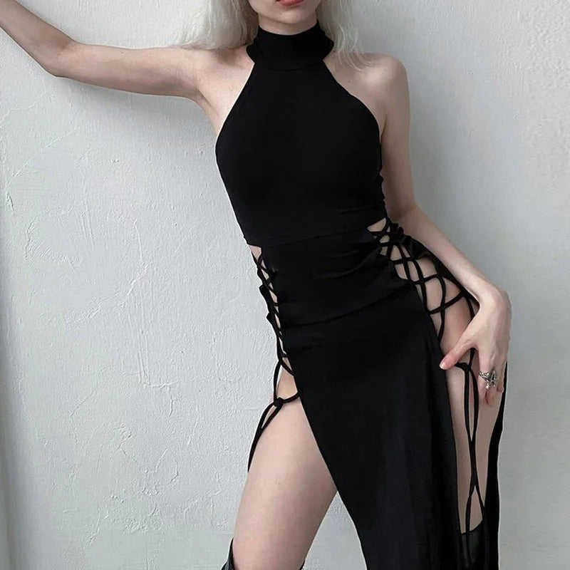 Goth Dark Cosplay High Split Sexy Bandage Women Dresses Y2K Mall Gothic Halter Slim Midi Dress Black Grunge Style Alt Partywear