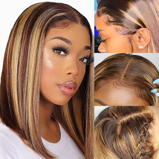 Glueless wigs Wear & Go Bob Highlight Wigs Piano Colored Straight Lace Bob For Women Brazilian Virgin Short Bob Lace Part Wigs