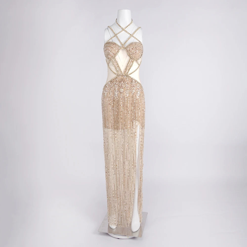 Sexy Gold Sequin Evening Dresses for Women – Luxury Crystal Beaded Prom Dress with High Slit Formal Party Mermaid Gown for Gala